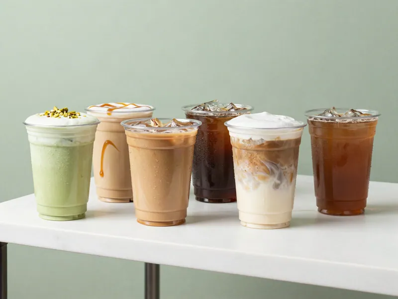 Iced coffees lined up on the cart counter