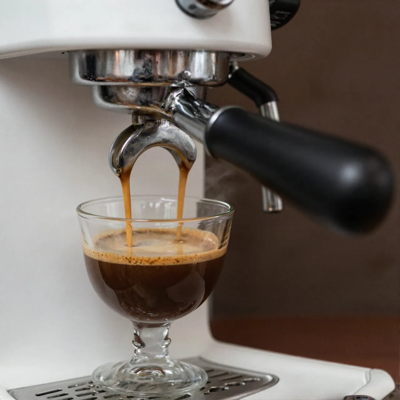 Espresso streaming from the machine into a glass