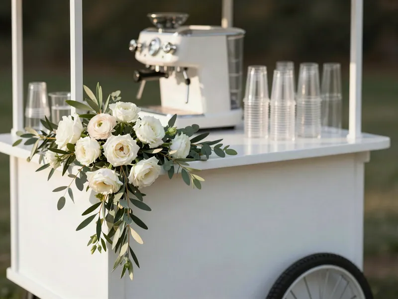 The corner of the cart draped with roses, olive branches and eucalyptus