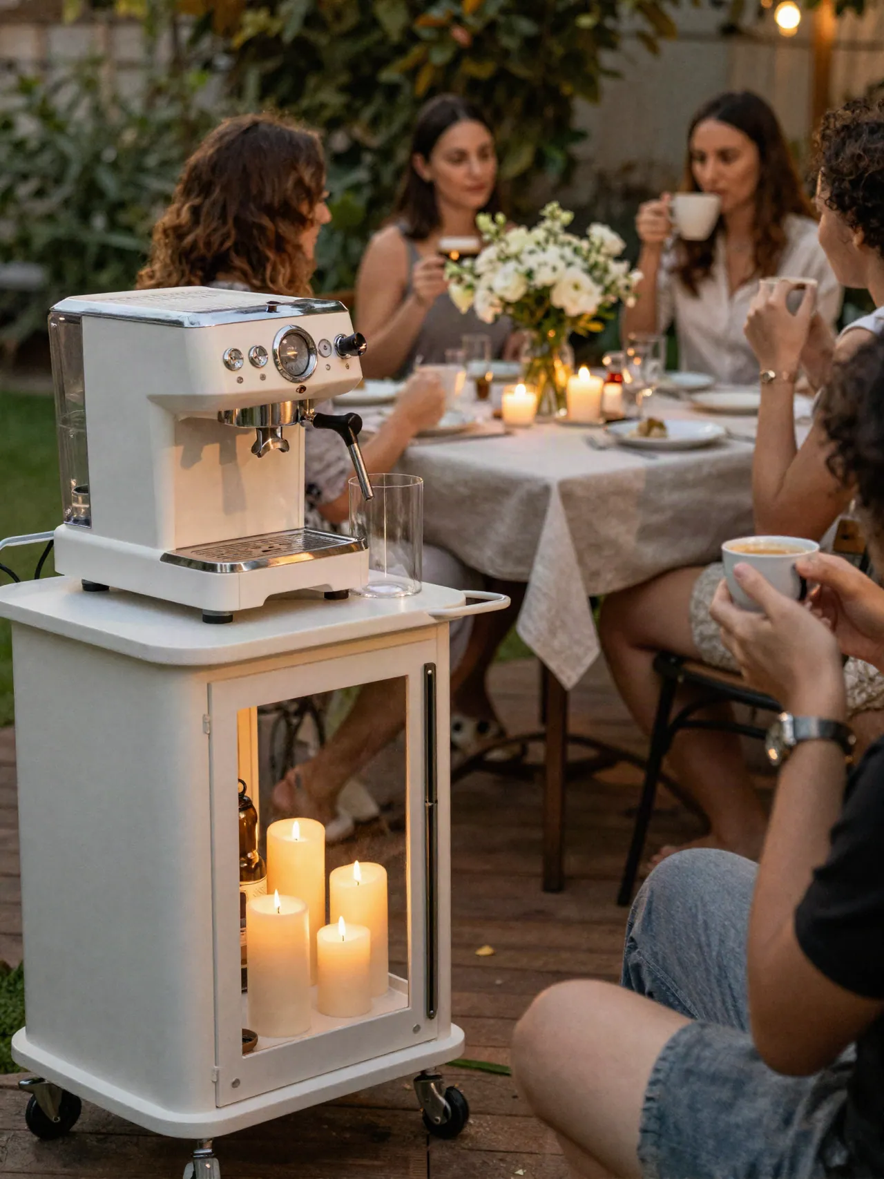 A small coffee cart on a candlelit patio