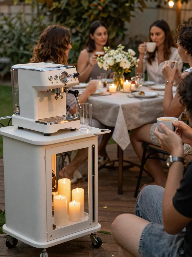 A small coffee cart on a candlelit patio