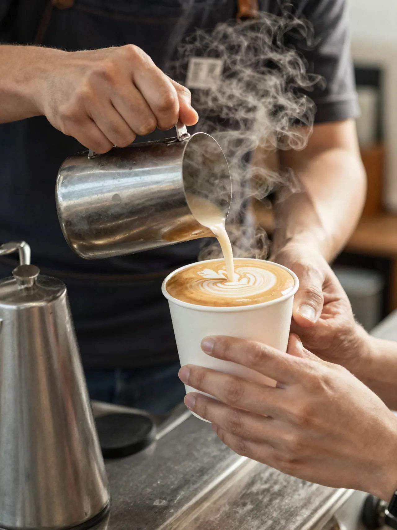 A barista pouring latte art into a white cup