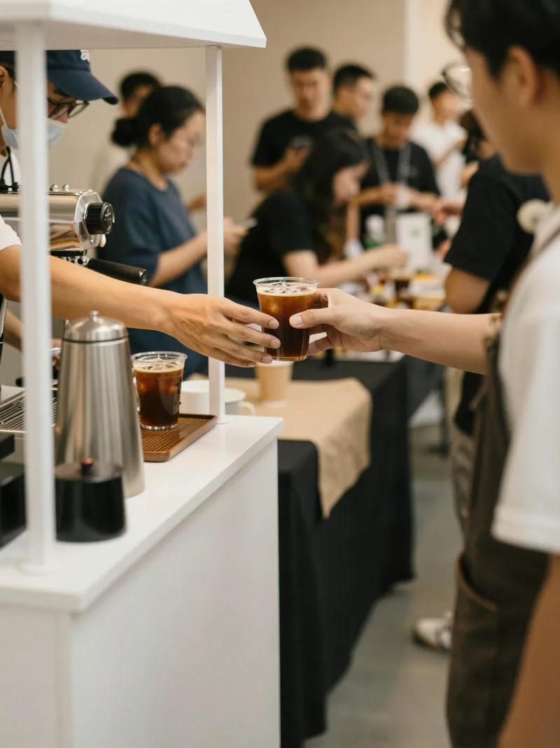 An iced coffee handed across the cart