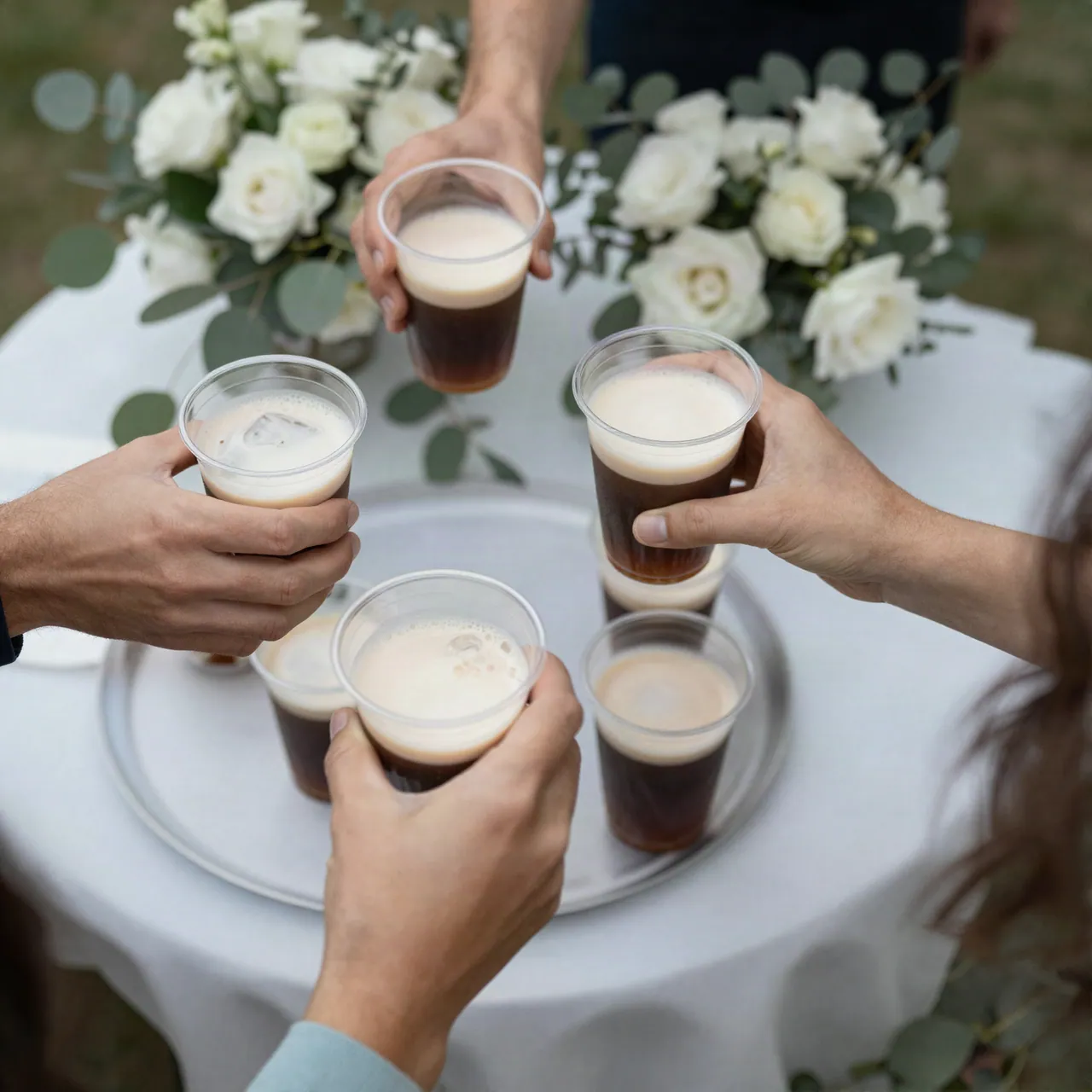 Guests taking iced coffees from a linen-lined tray