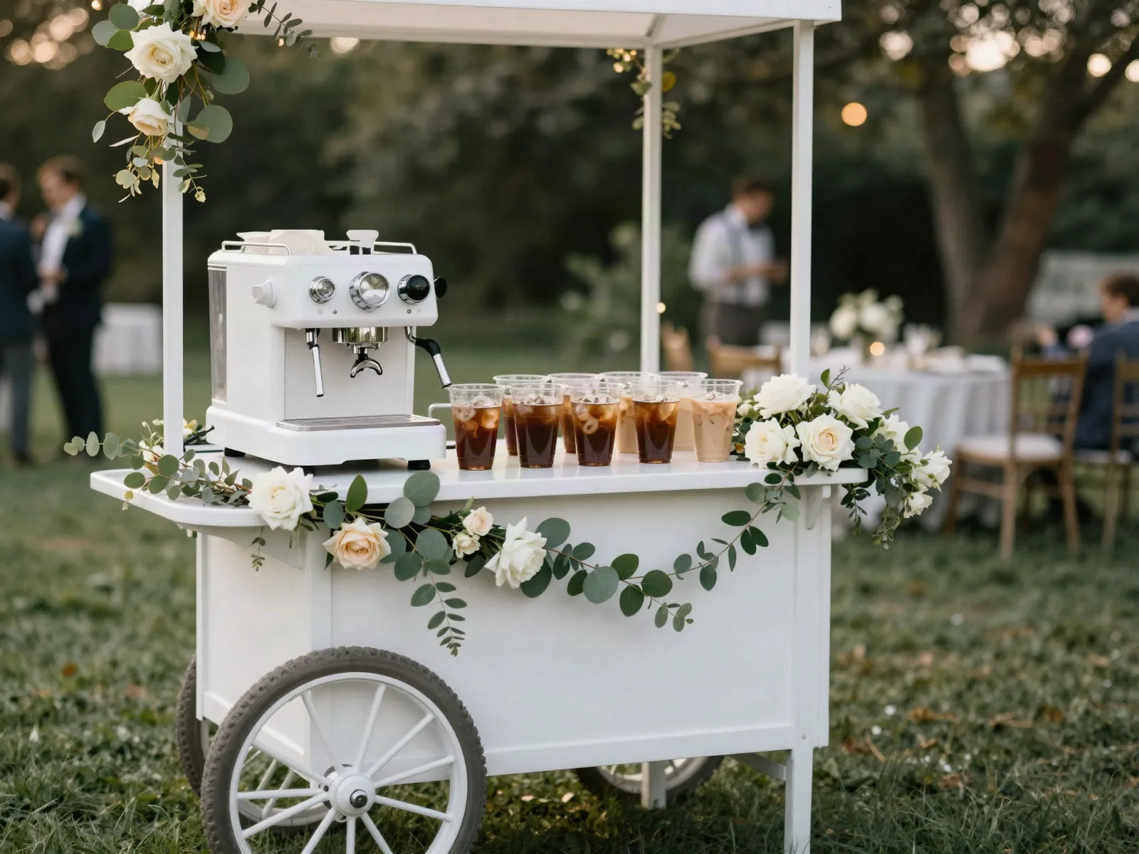 A white espresso cart dressed with white and blush roses at a garden wedding
