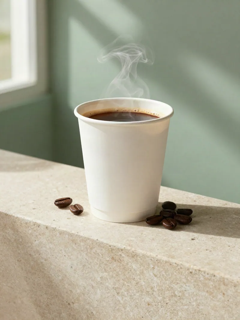 A hot americano with golden crema in a white cup