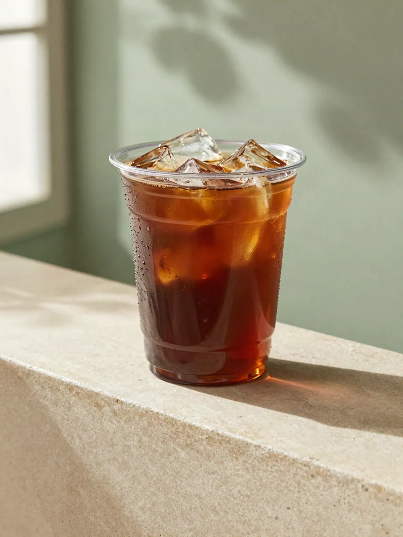 An iced americano over clear ice
