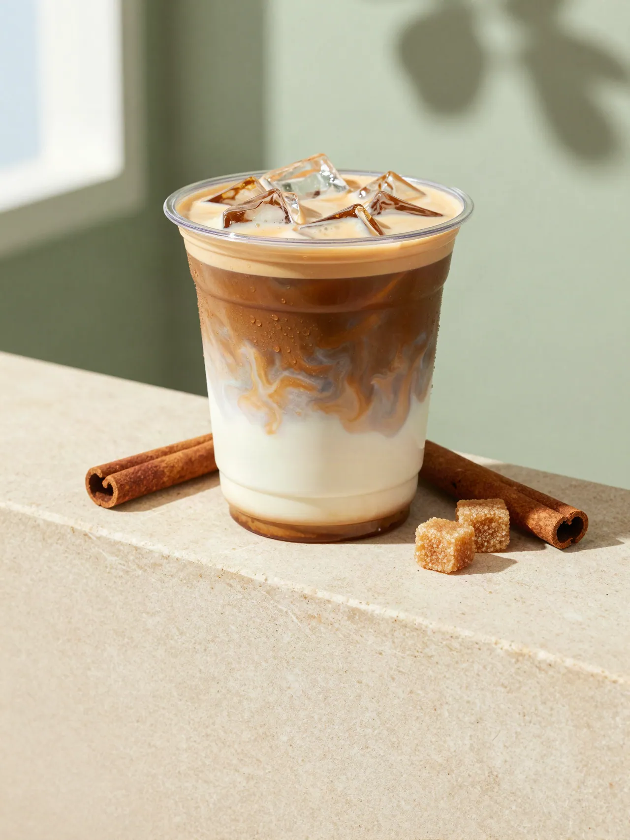 The Brown Sugar Shaken Espresso in a clear cup, oat milk swirling into espresso