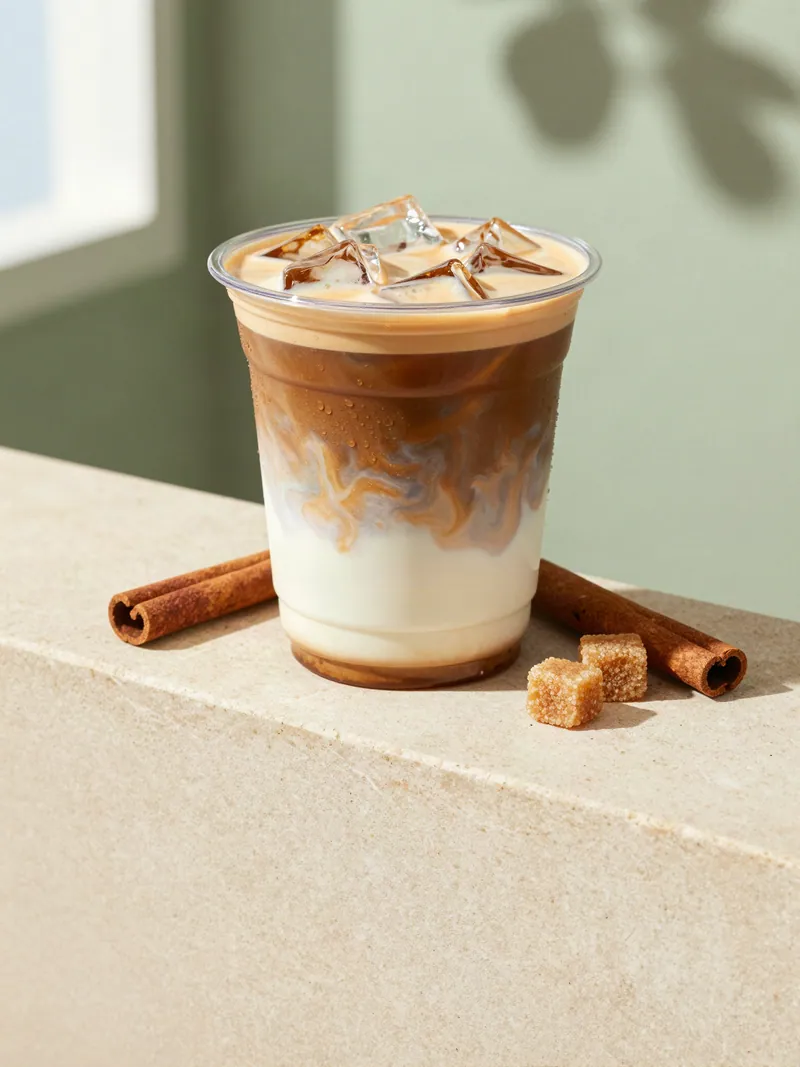 An iced brown sugar shaken espresso with oat milk swirling through