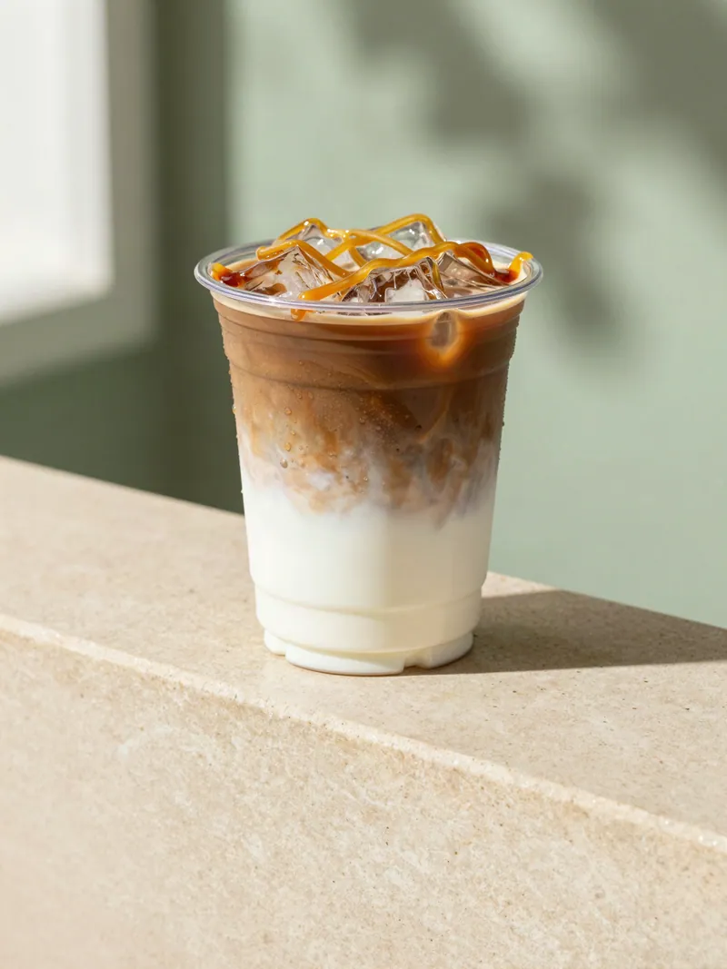 An iced caramel macchiato with a caramel crosshatch