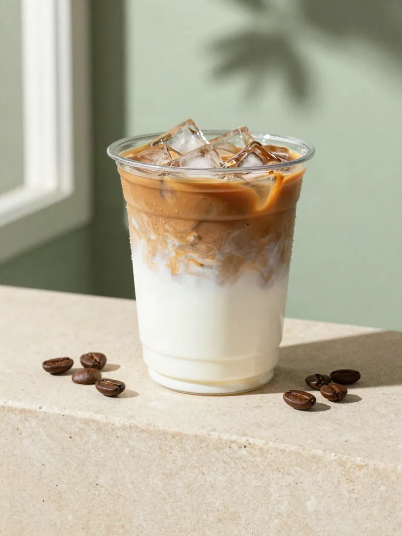An iced latte with milk swirling into espresso