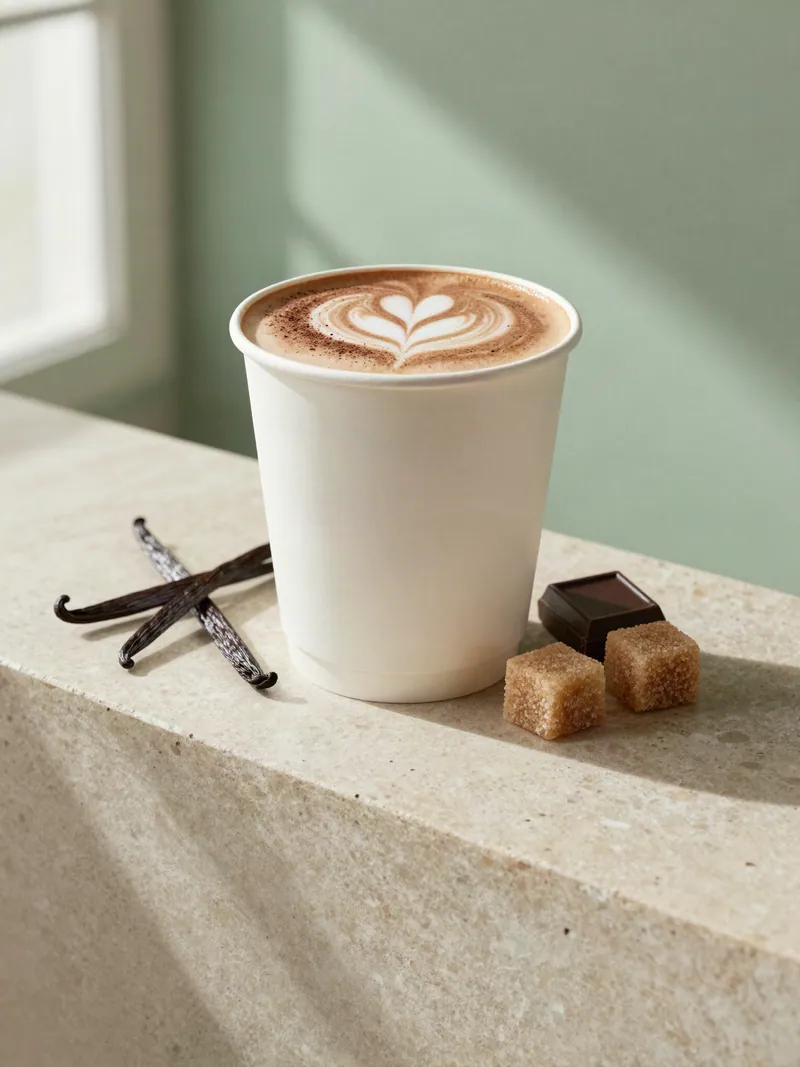 A hot mocha latte with heart latte art, vanilla and chocolate beside it